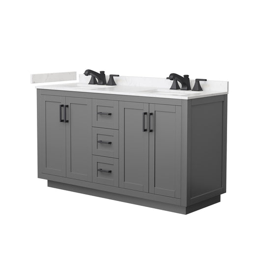 Wyndham Collection Miranda 60" Double Bathroom Vanity in Dark Gray, Carrara Cultured Marble Countertop, Undermount Square Sinks (3-Hole), Matte Black Trim