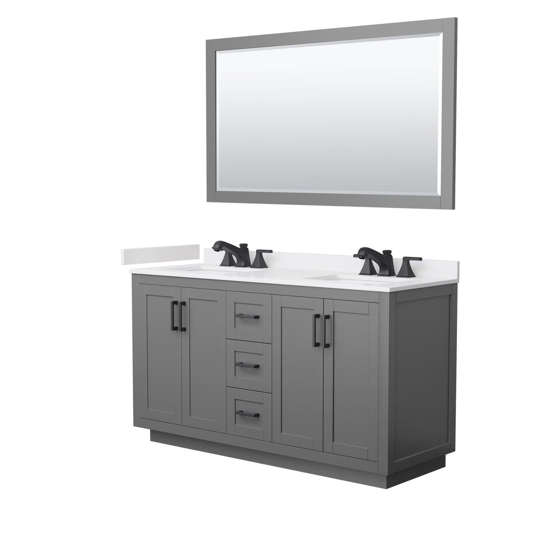 Wyndham Collection Miranda 60" Double Bathroom Vanity in Dark Gray, White Cultured Marble Countertop, Undermount Square Sinks (3-Hole), Matte Black Trim and 58" Mirror