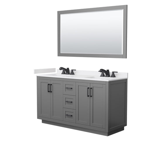 Wyndham Collection Miranda 60" Double Bathroom Vanity in Dark Gray, White Cultured Marble Countertop, Undermount Square Sinks (3-Hole), Matte Black Trim and 58" Mirror