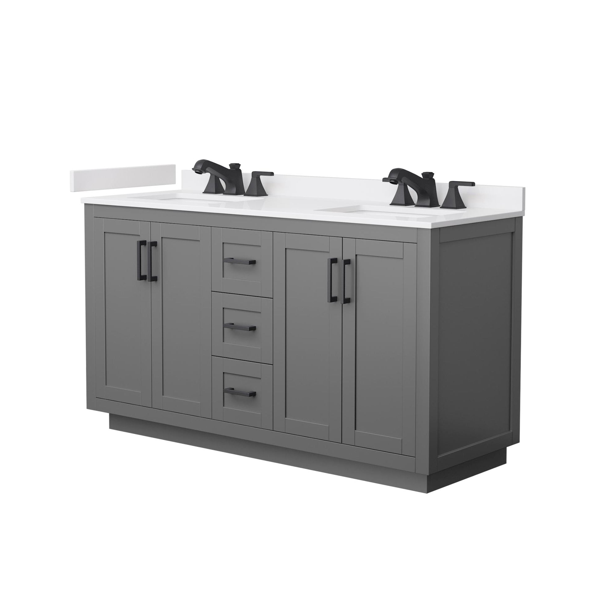 Wyndham Collection Miranda 60" Double Bathroom Vanity in Dark Gray, White Cultured Marble Countertop, Undermount Square Sinks (3-Hole), Matte Black Trim