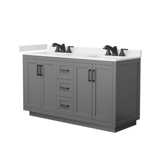 Wyndham Collection Miranda 60" Double Bathroom Vanity in Dark Gray, White Cultured Marble Countertop, Undermount Square Sinks (3-Hole), Matte Black Trim