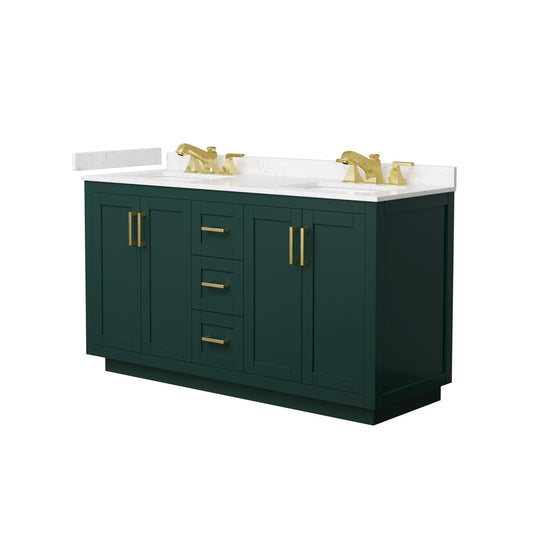 Wyndham Collection Miranda 60" Double Bathroom Vanity in Green, Carrara Cultured Marble Countertop, Undermount Square Sinks (3-Hole), Brushed Gold Trim