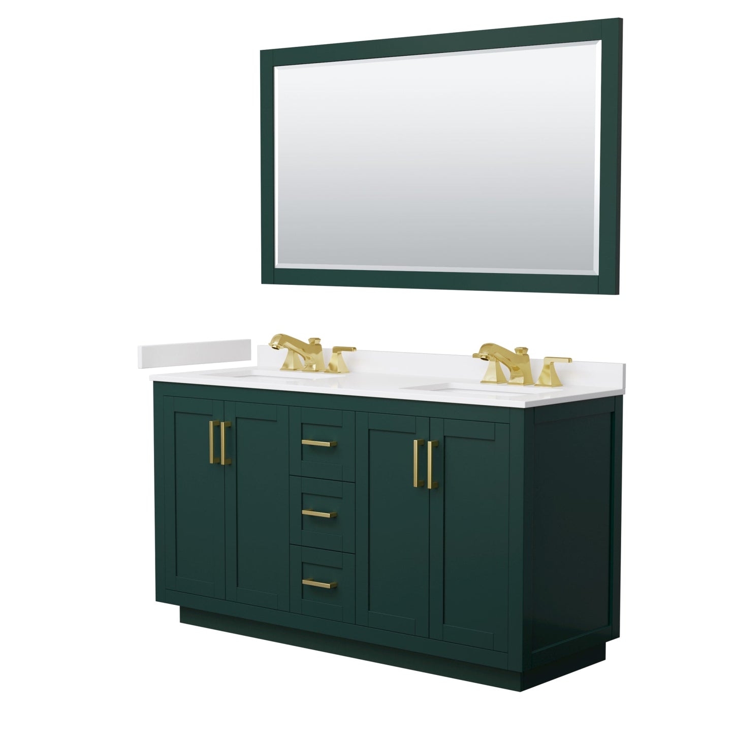 Wyndham Collection Miranda 60" Double Bathroom Vanity in Green, White Cultured Marble Countertop, Undermount Square Sinks (3-Hole), Brushed Gold Trim and 58" Mirror