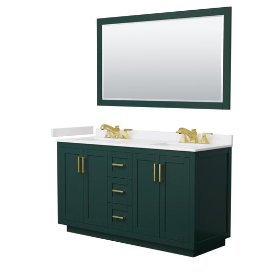Wyndham Collection Miranda 60" Double Bathroom Vanity in Green, White Cultured Marble Countertop, Undermount Square Sinks (3-Hole), Brushed Gold Trim and 58" Mirror
