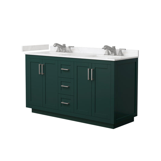 Wyndham Collection Miranda 60" Double Bathroom Vanity in Green, Carrara Cultured Marble Countertop, Undermount Square Sinks (3-Hole), Brushed Nickel Trim
