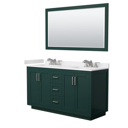 Wyndham Collection Miranda 60" Double Bathroom Vanity in Green, White Cultured Marble Countertop, Undermount Square Sinks (3-Hole), Brushed Nickel Trim and 58" Mirror