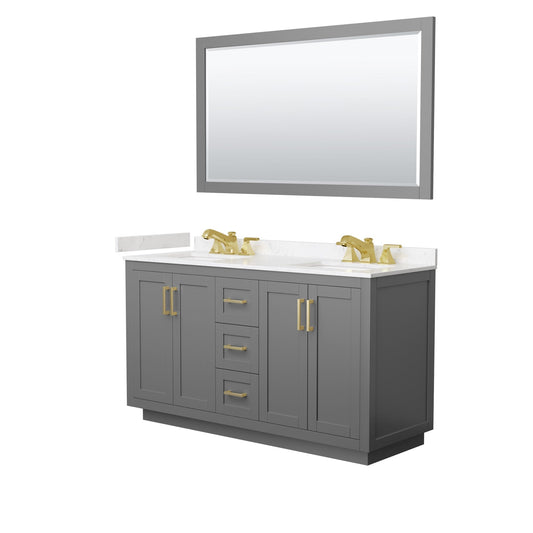 Wyndham Collection Miranda 60" Double Bathroom Vanity in Dark Gray, Carrara Cultured Marble Countertop, Undermount Square Sinks (3-Hole), Brushed Gold Trim and 58" Mirror