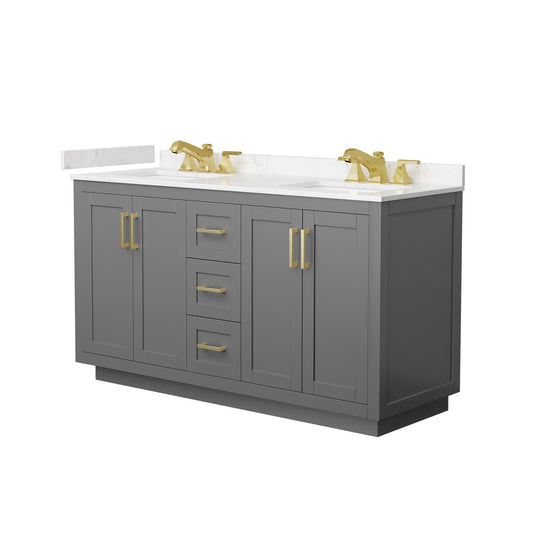 Wyndham Collection Miranda 60" Double Bathroom Vanity in Dark Gray, Carrara Cultured Marble Countertop, Undermount Square Sinks (3-Hole), Brushed Gold Trim