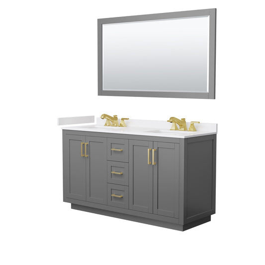 Wyndham Collection Miranda 60" Double Bathroom Vanity in Dark Gray, White Cultured Marble Countertop, Undermount Square Sinks (3-Hole), Brushed Gold Trim and 58" Mirror