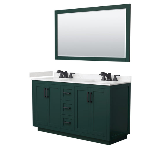Wyndham Collection Miranda 60" Double Bathroom Vanity in Green, Carrara Cultured Marble Countertop, Undermount Square Sinks (3-Hole), Matte Black Trim and 58" Mirror