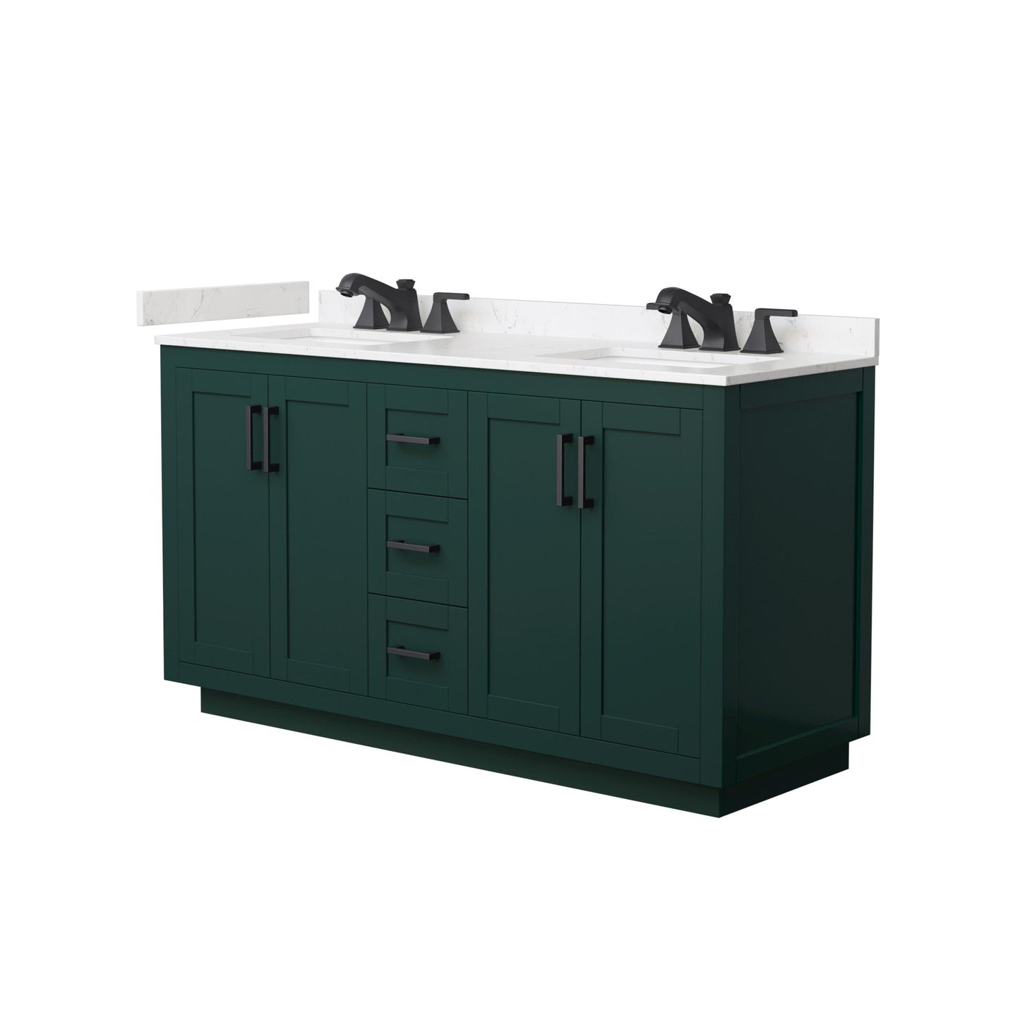 Wyndham Collection Miranda 60" Double Bathroom Vanity in Green, Carrara Cultured Marble Countertop, Undermount Square Sinks (3-Hole), Matte Black Trim