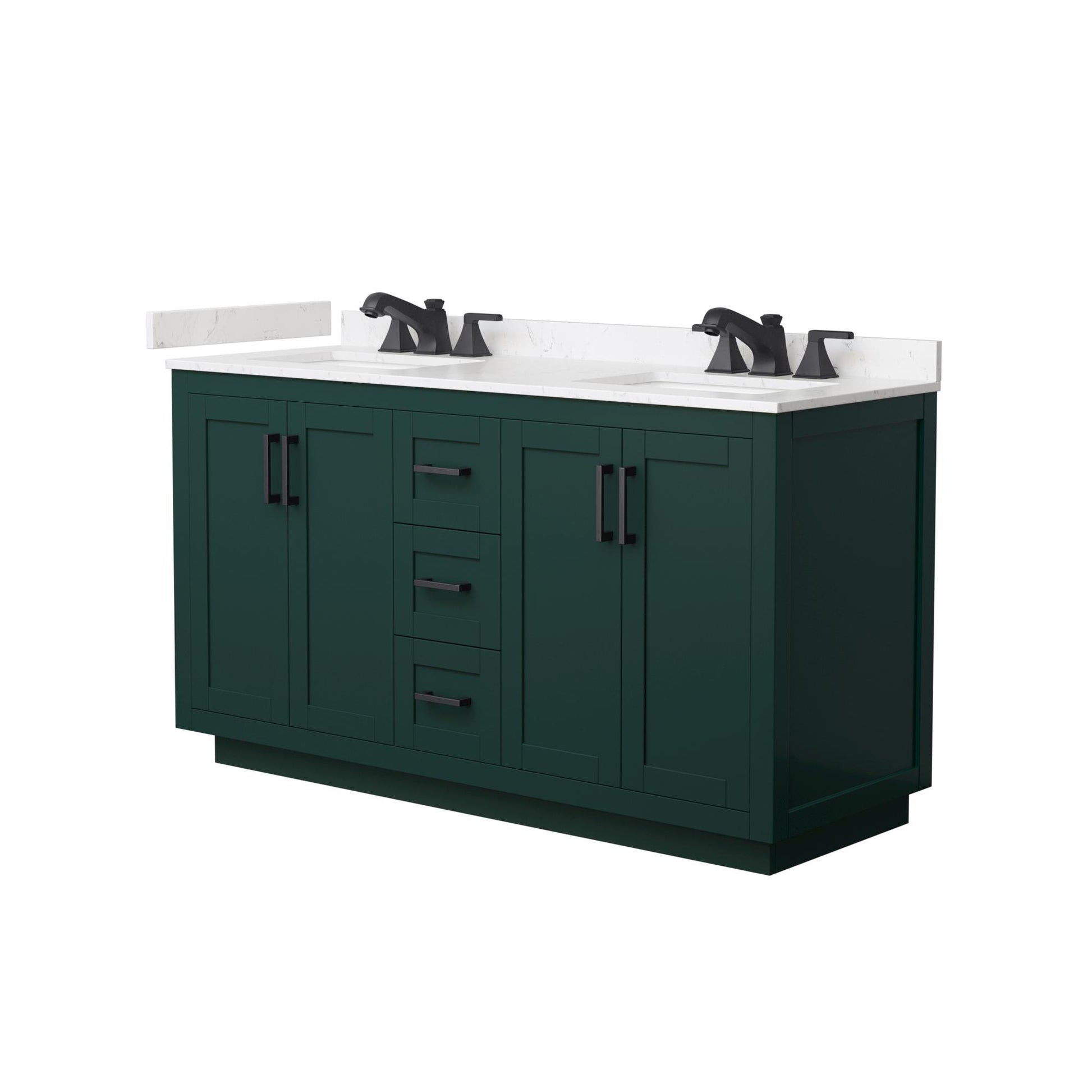 Wyndham Collection Miranda 60" Double Bathroom Vanity in Green, Carrara Cultured Marble Countertop, Undermount Square Sinks (3-Hole), Matte Black Trim