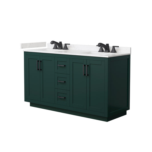 Wyndham Collection Miranda 60" Double Bathroom Vanity in Green, Carrara Cultured Marble Countertop, Undermount Square Sinks (3-Hole), Matte Black Trim