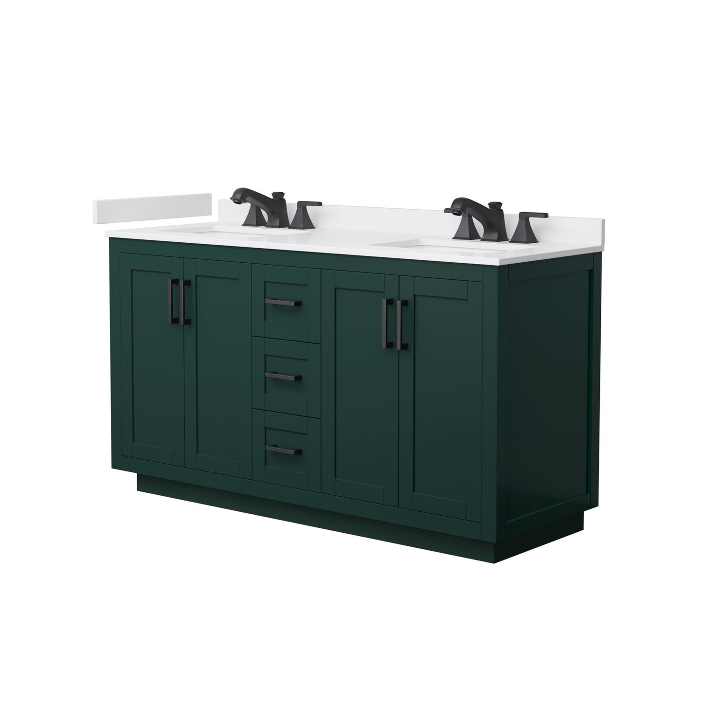 Wyndham Collection Miranda 60" Double Bathroom Vanity in Green, White Cultured Marble Countertop, Undermount Square Sinks (3-Hole), Matte Black Trim