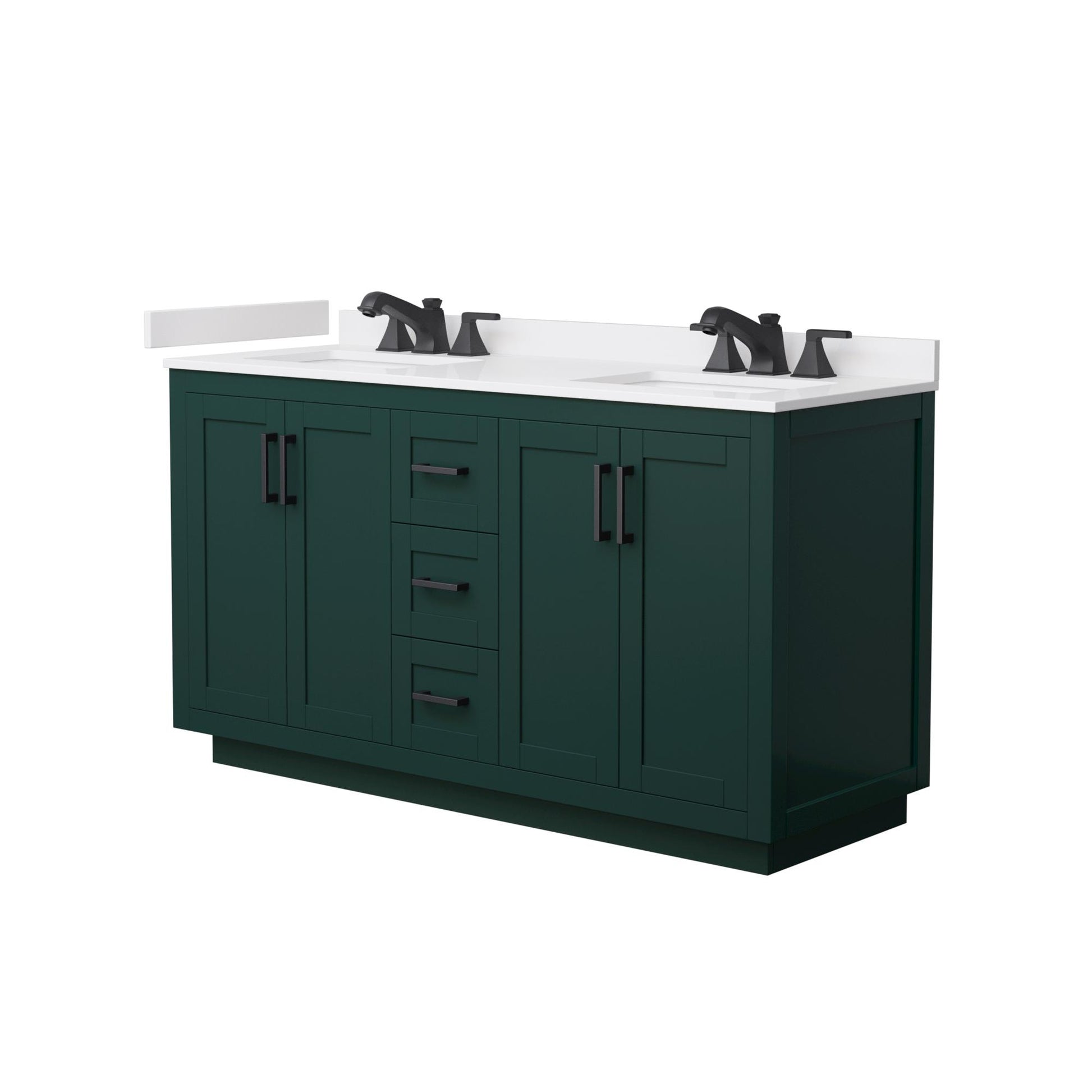 Wyndham Collection Miranda 60" Double Bathroom Vanity in Green, White Cultured Marble Countertop, Undermount Square Sinks (3-Hole), Matte Black Trim