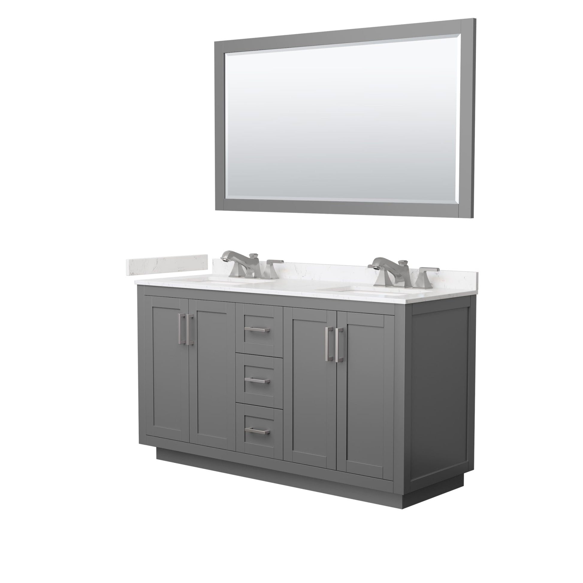 Wyndham Collection Miranda 60" Double Bathroom Vanity in Dark Gray, Carrara Cultured Marble Countertop, Undermount Square Sinks (3-Hole), Brushed Nickel Trim and 58" Mirror
