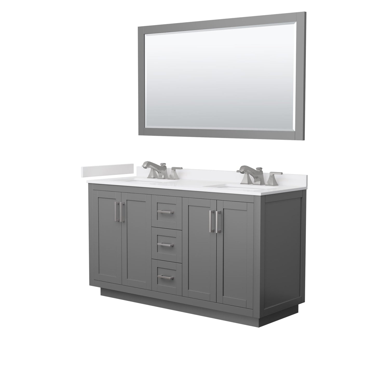 Wyndham Collection Miranda 60" Double Bathroom Vanity in Dark Gray, White Cultured Marble Countertop, Undermount Square Sinks (3-Hole), Brushed Nickel Trim and 58" Mirror