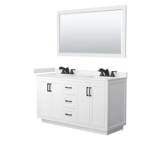Wyndham Collection Miranda 60" Double Bathroom Vanity in White, Carrara Cultured Marble Countertop, Undermount Square Sinks (3-Hole), Matte Black Trim and 58" Mirror