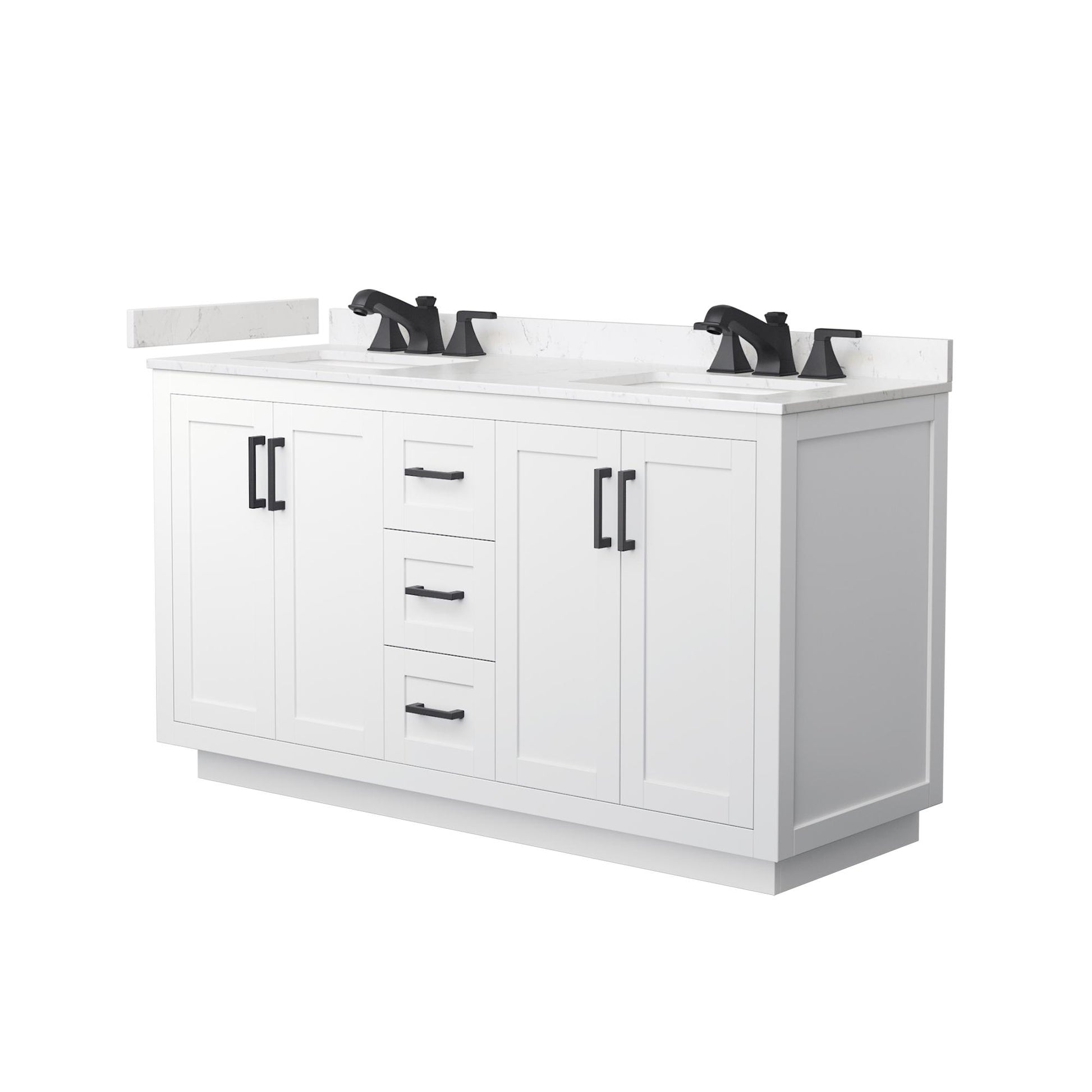 Wyndham Collection Miranda 60" Double Bathroom Vanity in White, Carrara Cultured Marble Countertop, Undermount Square Sinks (3-Hole), Matte Black Trim