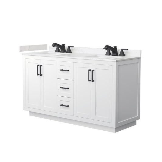 Wyndham Collection Miranda 60" Double Bathroom Vanity in White, Carrara Cultured Marble Countertop, Undermount Square Sinks (3-Hole), Matte Black Trim