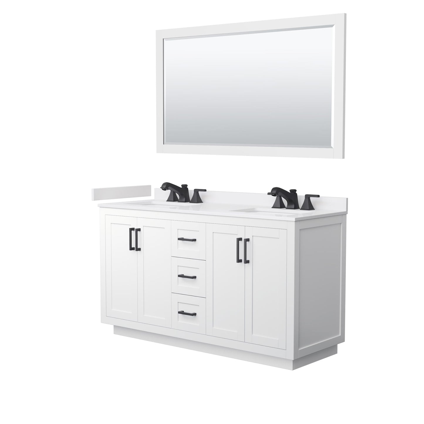 Wyndham Collection Miranda 60" Double Bathroom Vanity in White, White Cultured Marble Countertop, Undermount Square Sinks (3-Hole), Matte Black Trim and 58" Mirror