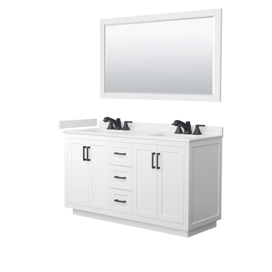 Wyndham Collection Miranda 60" Double Bathroom Vanity in White, White Cultured Marble Countertop, Undermount Square Sinks (3-Hole), Matte Black Trim and 58" Mirror