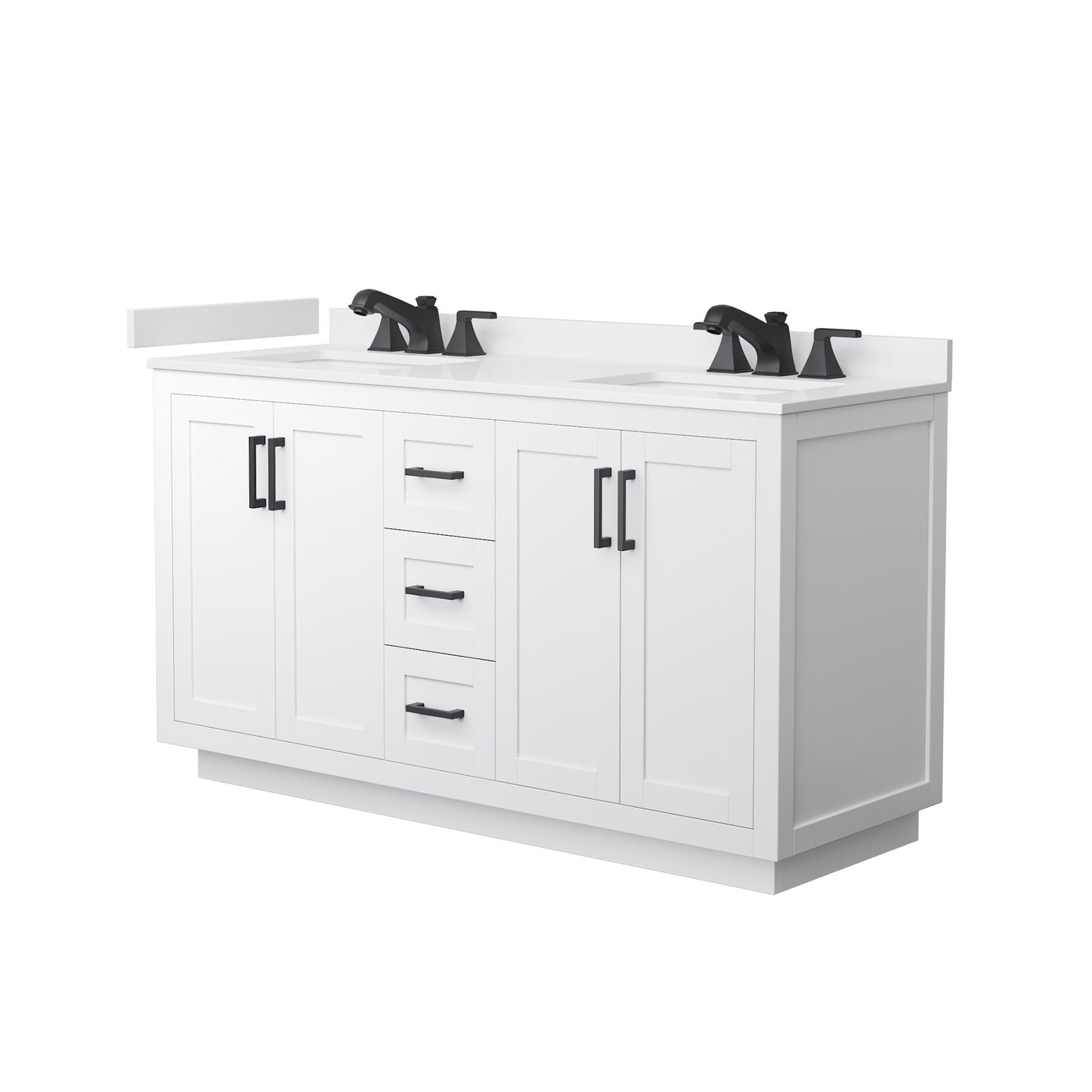 Wyndham Collection Miranda 60" Double Bathroom Vanity in White, White Cultured Marble Countertop, Undermount Square Sinks (3-Hole), Matte Black Trim