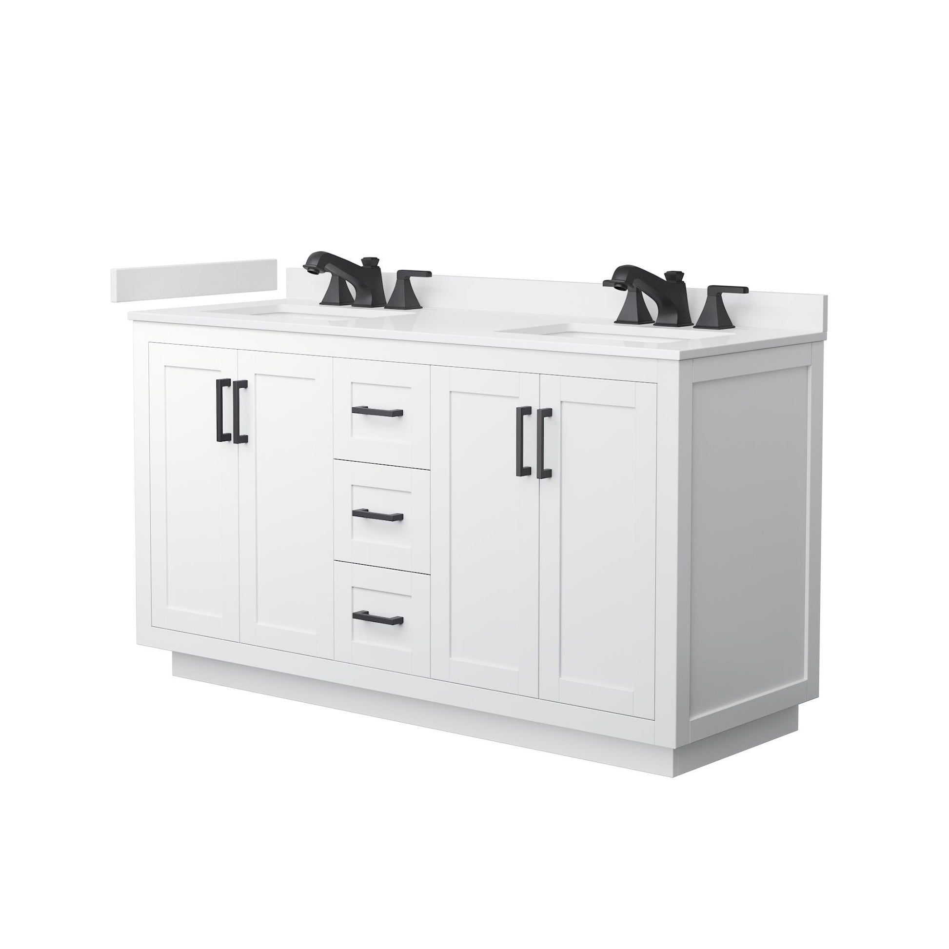 Wyndham Collection Miranda 60" Double Bathroom Vanity in White, White Cultured Marble Countertop, Undermount Square Sinks (3-Hole), Matte Black Trim