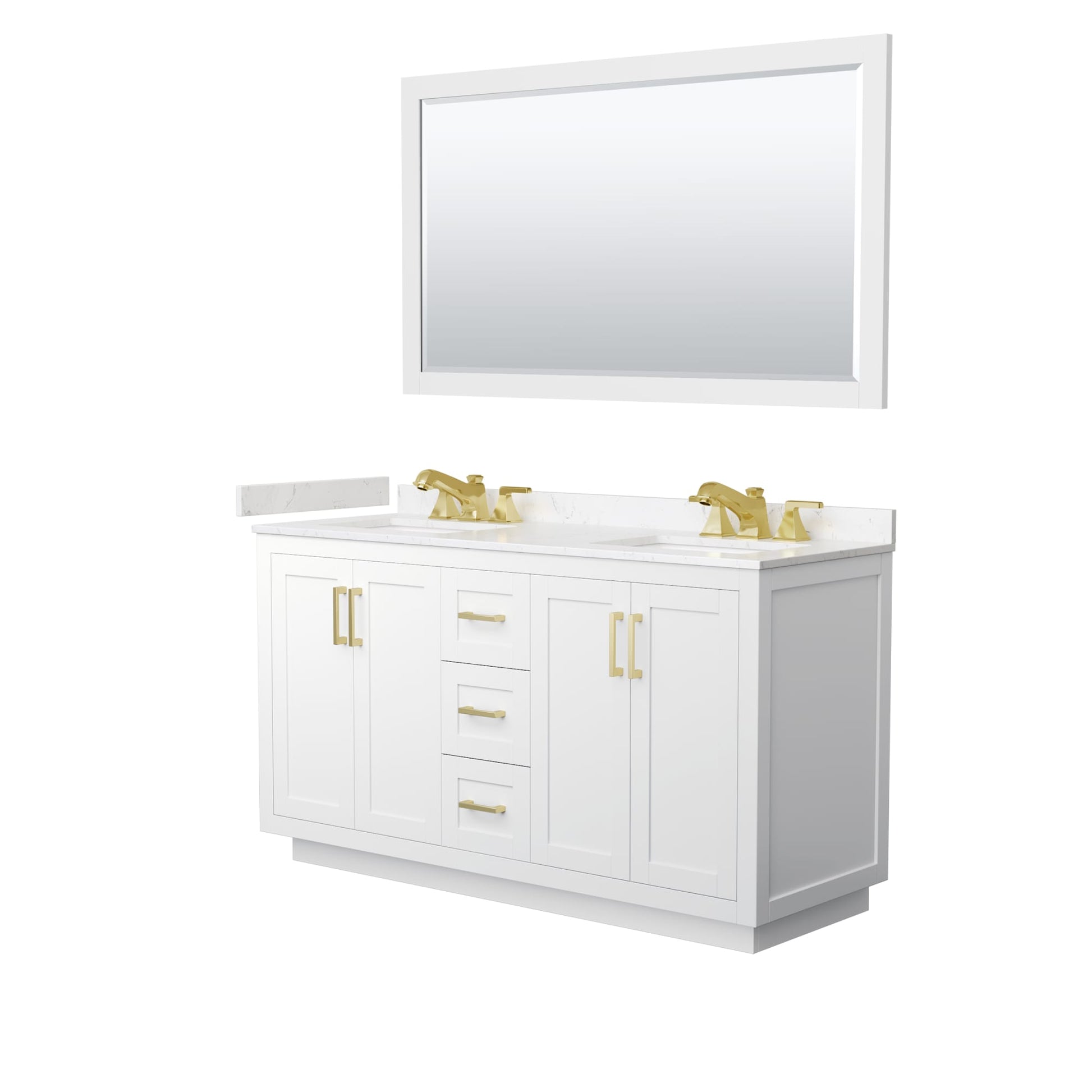 Wyndham Collection Miranda 60" Double Bathroom Vanity in White, Carrara Cultured Marble Countertop, Undermount Square Sinks (3-Hole), Brushed Gold Trim and 58" Mirror