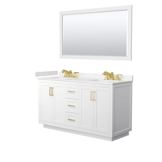 Wyndham Collection Miranda 60" Double Bathroom Vanity in White, Carrara Cultured Marble Countertop, Undermount Square Sinks (3-Hole), Brushed Gold Trim and 58" Mirror