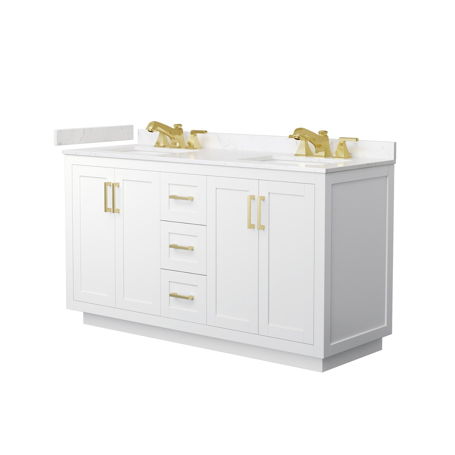 Wyndham Collection Miranda 60" Double Bathroom Vanity in White, Carrara Cultured Marble Countertop, Undermount Square Sinks (3-Hole), Brushed Gold Trim
