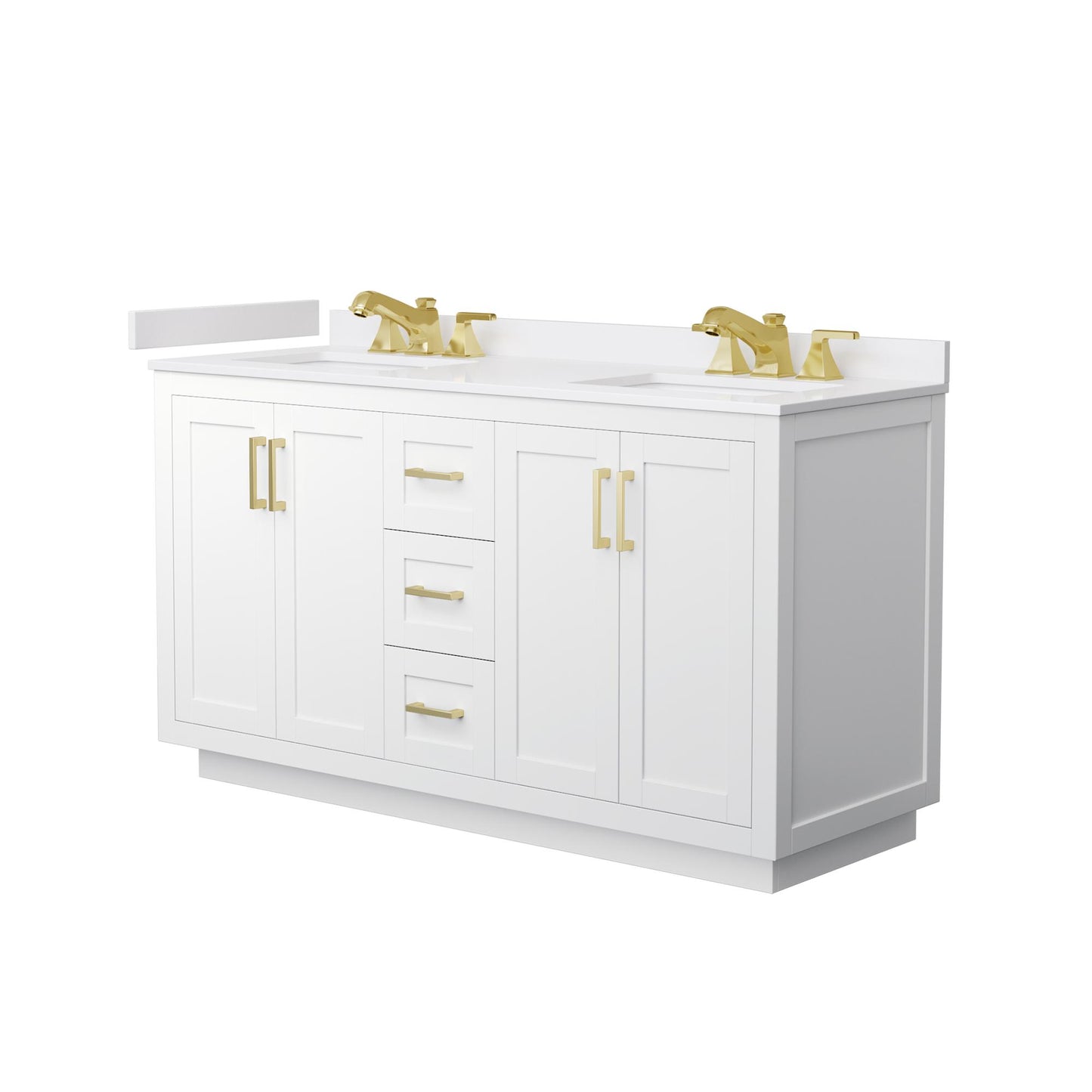 Wyndham Collection Miranda 60" Double Bathroom Vanity in White, White Cultured Marble Countertop, Undermount Square Sinks (3-Hole), Brushed Gold Trim