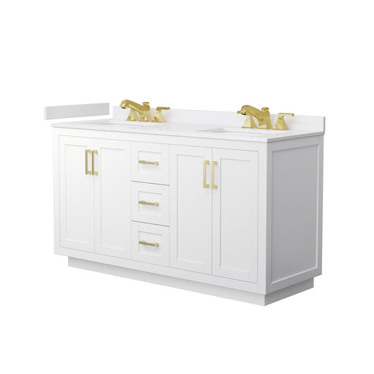 Wyndham Collection Miranda 60" Double Bathroom Vanity in White, White Cultured Marble Countertop, Undermount Square Sinks (3-Hole), Brushed Gold Trim