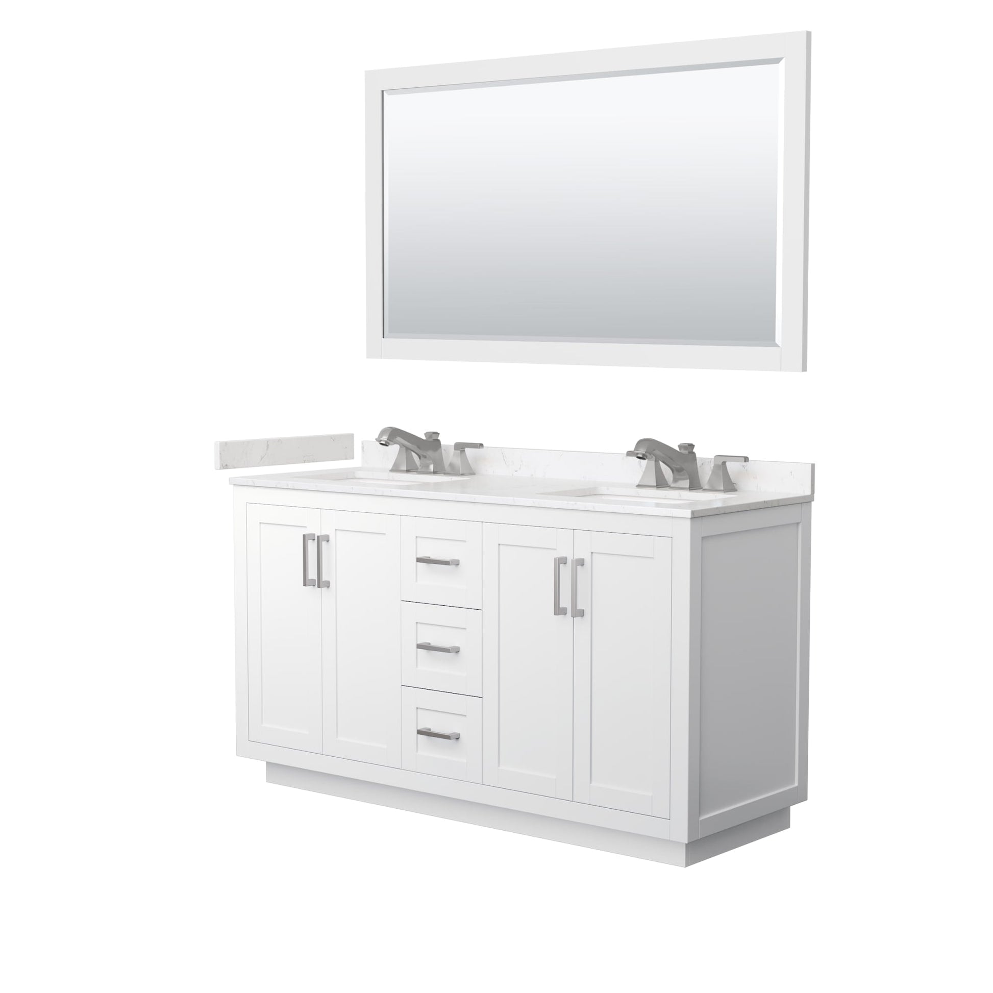 Wyndham Collection Miranda 60" Double Bathroom Vanity in White, Carrara Cultured Marble Countertop, Undermount Square Sinks (3-Hole), Brushed Nickel Trim and 58" Mirror