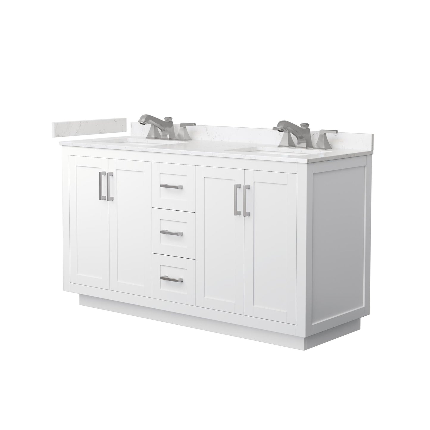 Wyndham Collection Miranda 60" Double Bathroom Vanity in White, Carrara Cultured Marble Countertop, Undermount Square Sinks (3-Hole), Brushed Nickel Trim