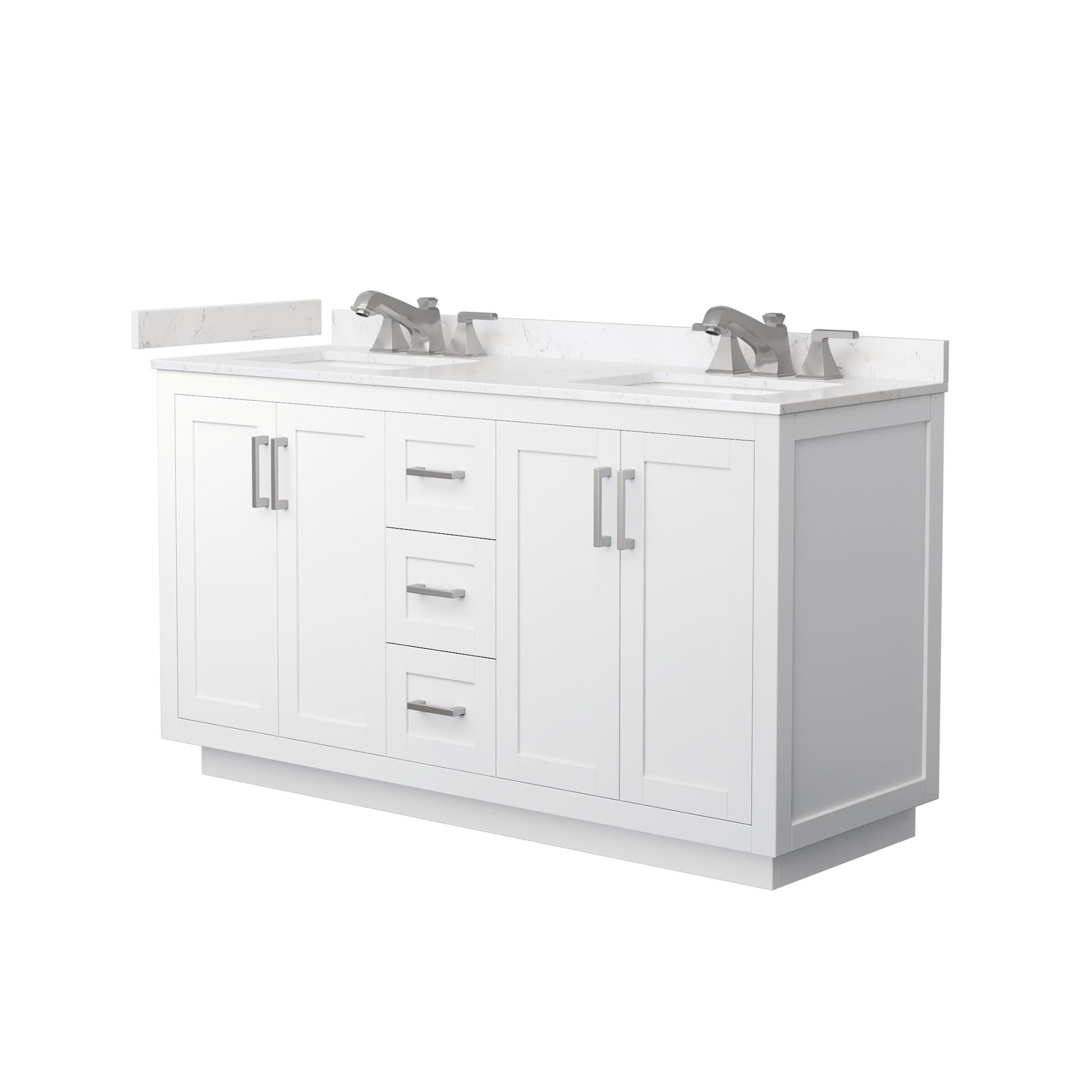 Wyndham Collection Miranda 60" Double Bathroom Vanity in White, Carrara Cultured Marble Countertop, Undermount Square Sinks (3-Hole), Brushed Nickel Trim