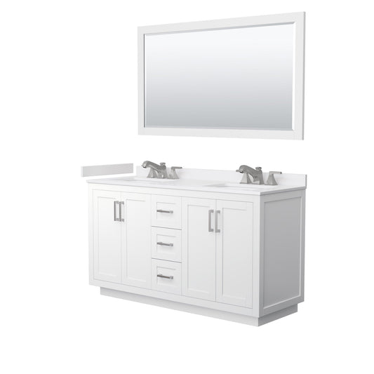 Wyndham Collection Miranda 60" Double Bathroom Vanity in White, White Cultured Marble Countertop, Undermount Square Sinks (3-Hole), Brushed Nickel Trim and 58" Mirror