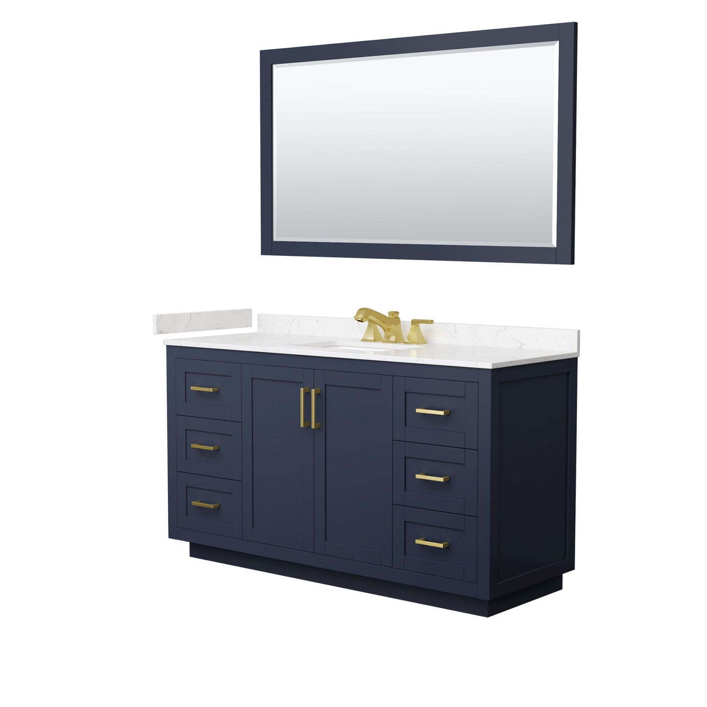 Wyndham Collection Miranda 60" Single Bathroom Vanity in Dark Blue, Carrara Cultured Marble Countertop, Undermount Square Sink (3-Hole), Brushed Gold Trim and 58" Mirror