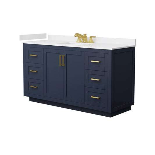 Wyndham Collection Miranda 60" Single Bathroom Vanity in Dark Blue, White Cultured Marble Countertop, Undermount Square Sink (3-Hole), Brushed Gold Trim
