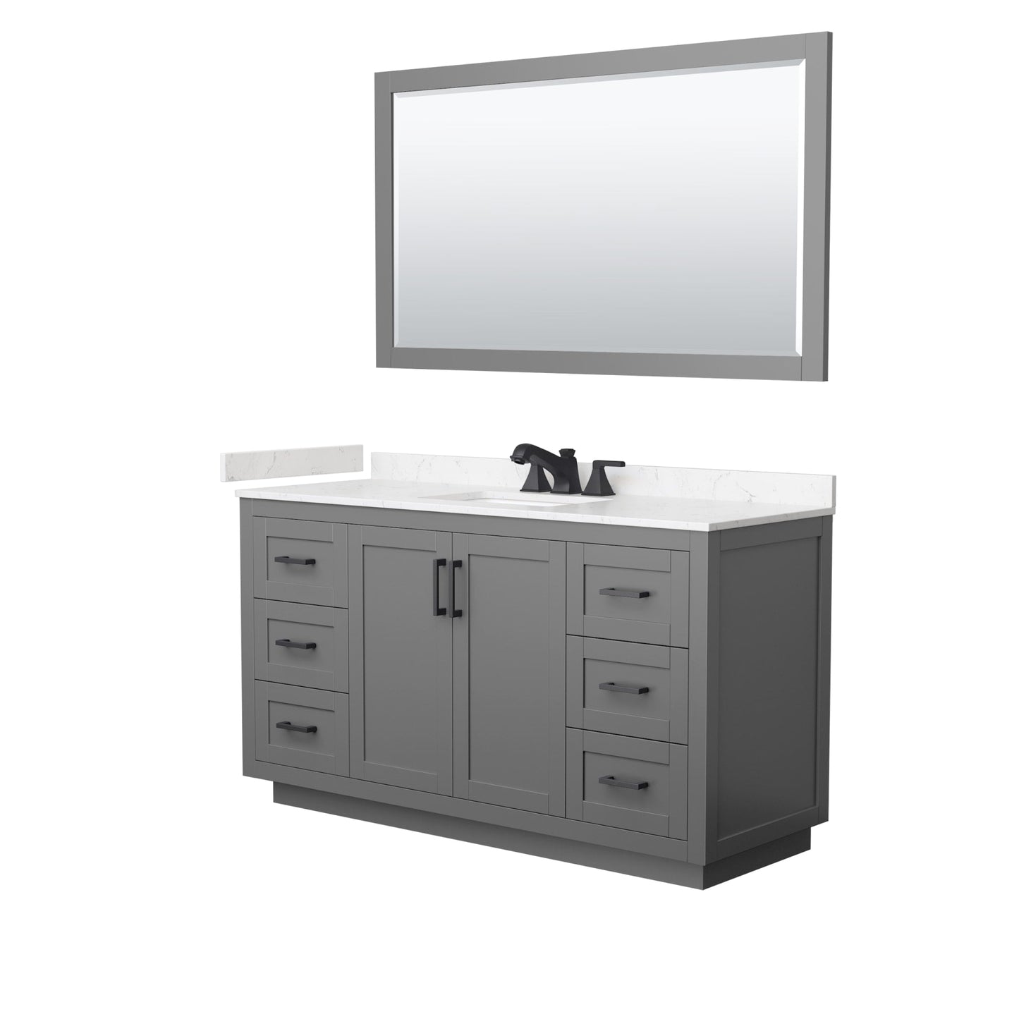 Wyndham Collection Miranda 60" Single Bathroom Vanity in Dark Gray, Carrara Cultured Marble Countertop, Undermount Square Sink (3-Hole), Matte Black Trim and 58" Mirror
