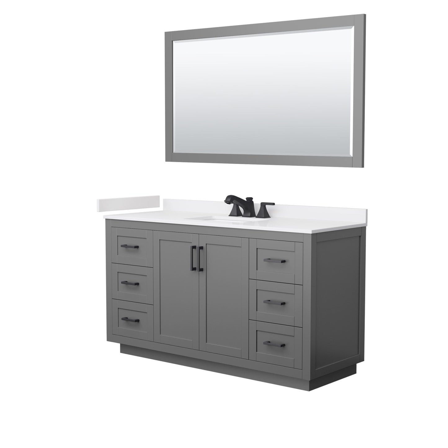 Wyndham Collection Miranda 60" Single Bathroom Vanity in Dark Gray, White Cultured Marble Countertop, Undermount Square Sink (3-Hole), Matte Black Trim and 58" Mirror