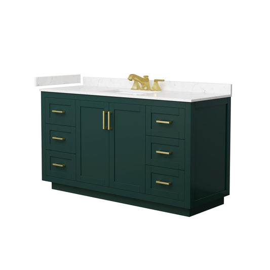 Wyndham Collection Miranda 60" Single Bathroom Vanity in Green, Carrara Cultured Marble Countertop, Undermount Square Sink (3-Hole), Brushed Gold Trim