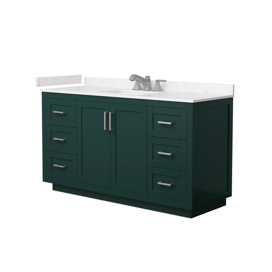 Wyndham Collection Miranda 60" Single Bathroom Vanity in Green, Carrara Cultured Marble Countertop, Undermount Square Sink (3-Hole), Brushed Nickel Trim