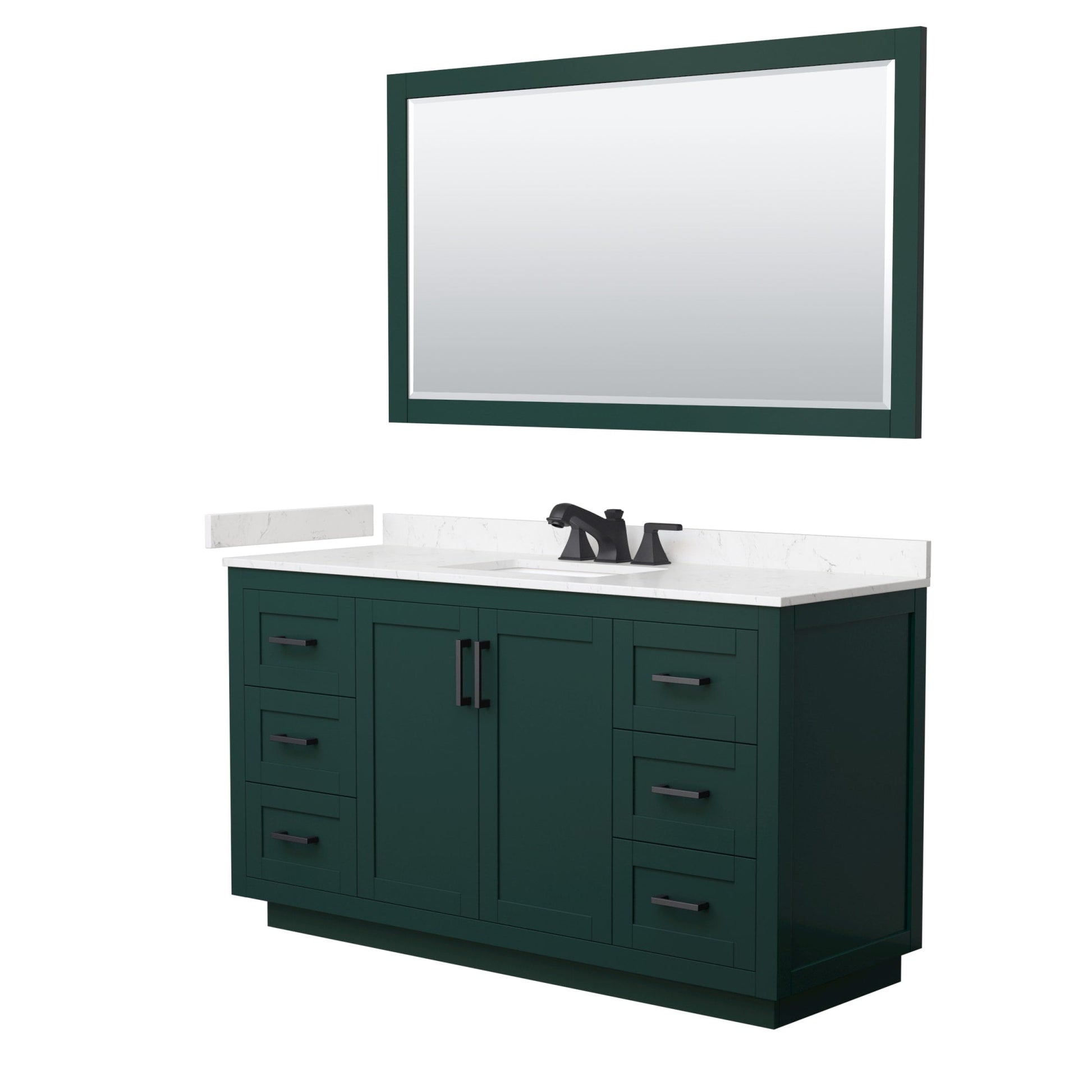 Wyndham Collection Miranda 60" Single Bathroom Vanity in Green, Carrara Cultured Marble Countertop, Undermount Square Sink (3-Hole), Matte Black Trim and 58" Mirror