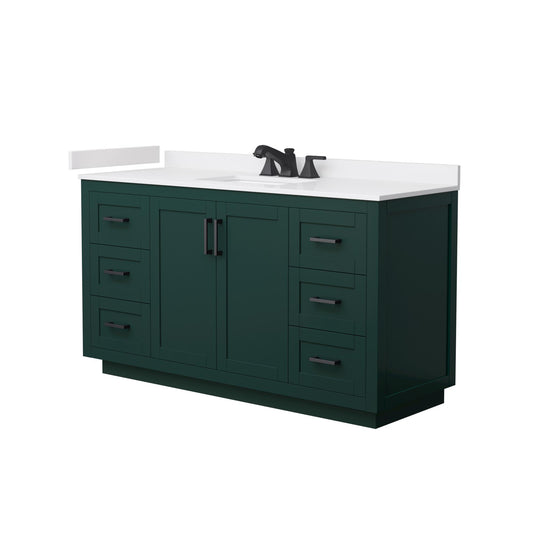 Wyndham Collection Miranda 60" Single Bathroom Vanity in Green, White Cultured Marble Countertop, Undermount Square Sink (3-Hole), Matte Black Trim