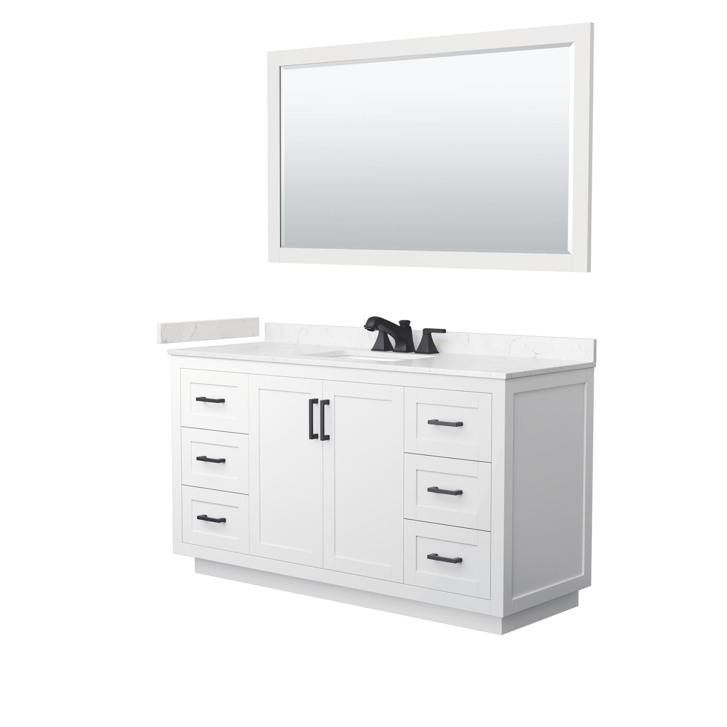 Wyndham Collection Miranda 60" Single Bathroom Vanity in White, Carrara Cultured Marble Countertop, Undermount Square Sink (3-Hole), Matte Black Trim and 58" Mirror