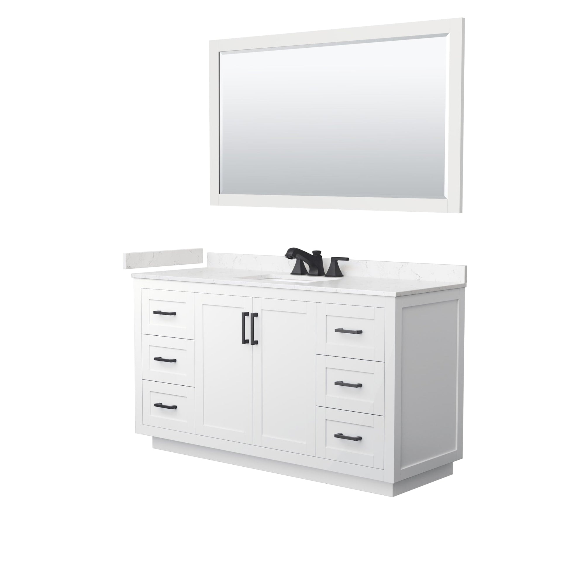 Wyndham Collection Miranda 60" Single Bathroom Vanity in White, Carrara Cultured Marble Countertop, Undermount Square Sink (3-Hole), Matte Black Trim and 58" Mirror