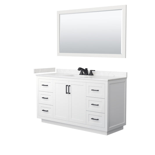 Wyndham Collection Miranda 60" Single Bathroom Vanity in White, Carrara Cultured Marble Countertop, Undermount Square Sink (3-Hole), Matte Black Trim and 58" Mirror