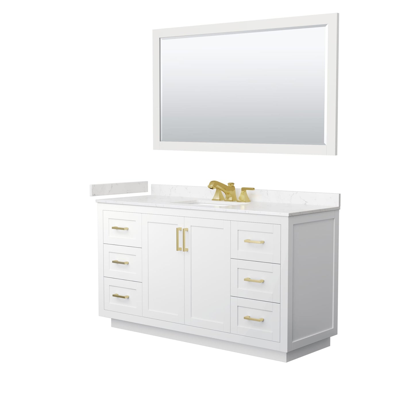 Wyndham Collection Miranda 60" Single Bathroom Vanity in White, Carrara Cultured Marble Countertop, Undermount Square Sink (3-Hole), Brushed Gold Trim and 58" Mirror