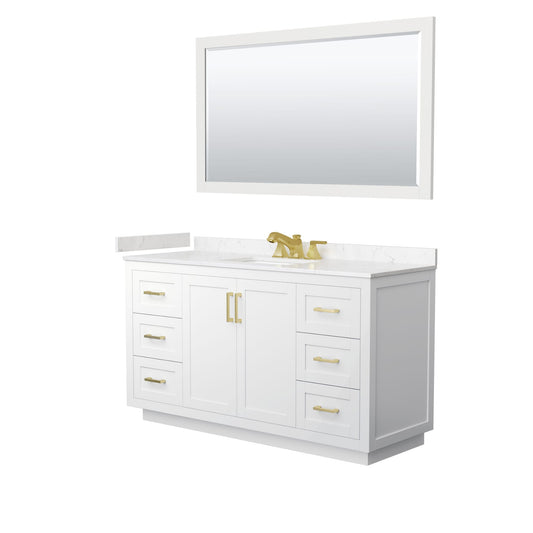Wyndham Collection Miranda 60" Single Bathroom Vanity in White, Carrara Cultured Marble Countertop, Undermount Square Sink (3-Hole), Brushed Gold Trim and 58" Mirror